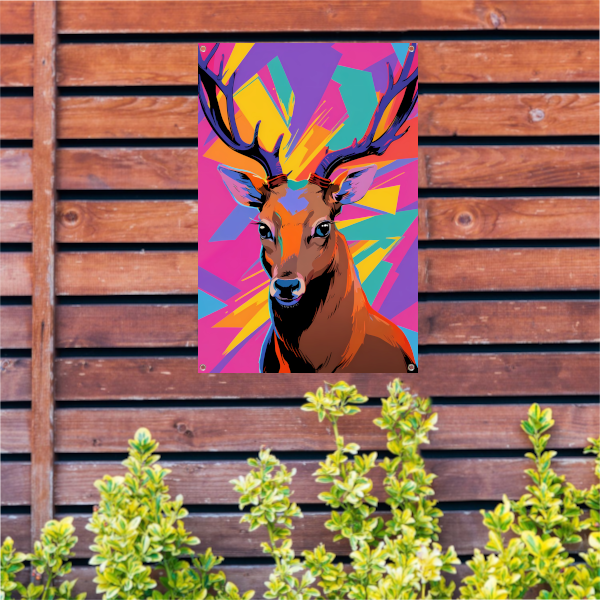 Kleurrijk hert in popart-stijl met abstracte achtergrond tuinposter