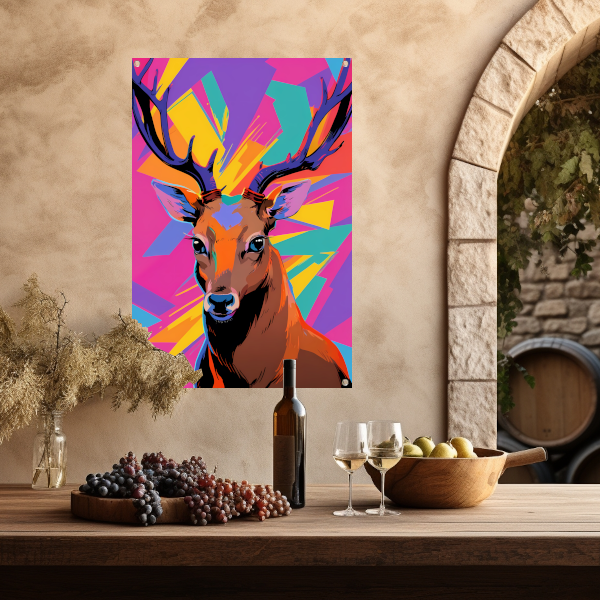 Kleurrijk hert in popart-stijl met abstracte achtergrond tuinposter