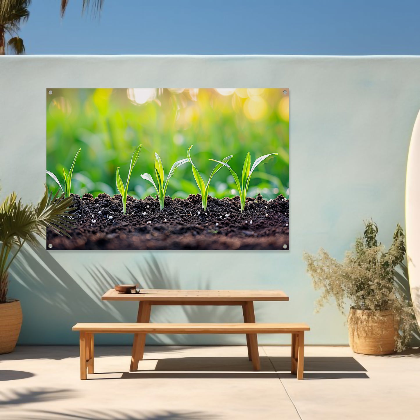 Ontkiemende spruiten in voedzame aarde tuinposter