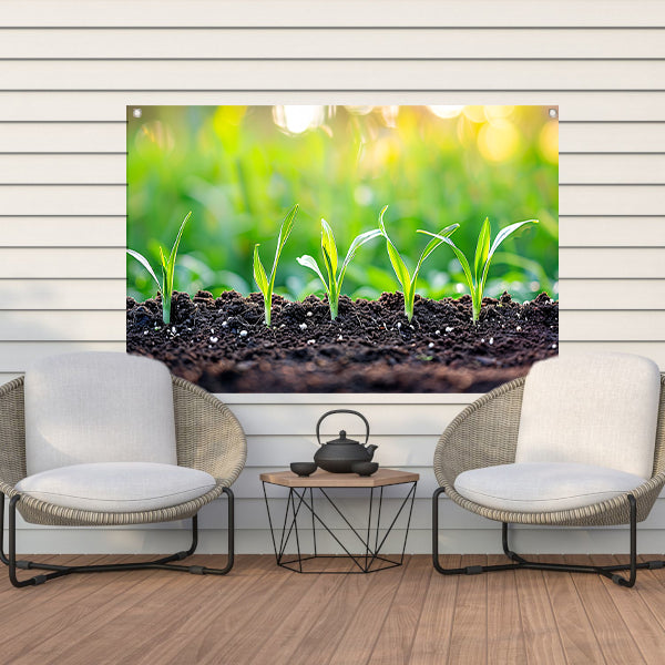Ontkiemende spruiten in voedzame aarde tuinposter