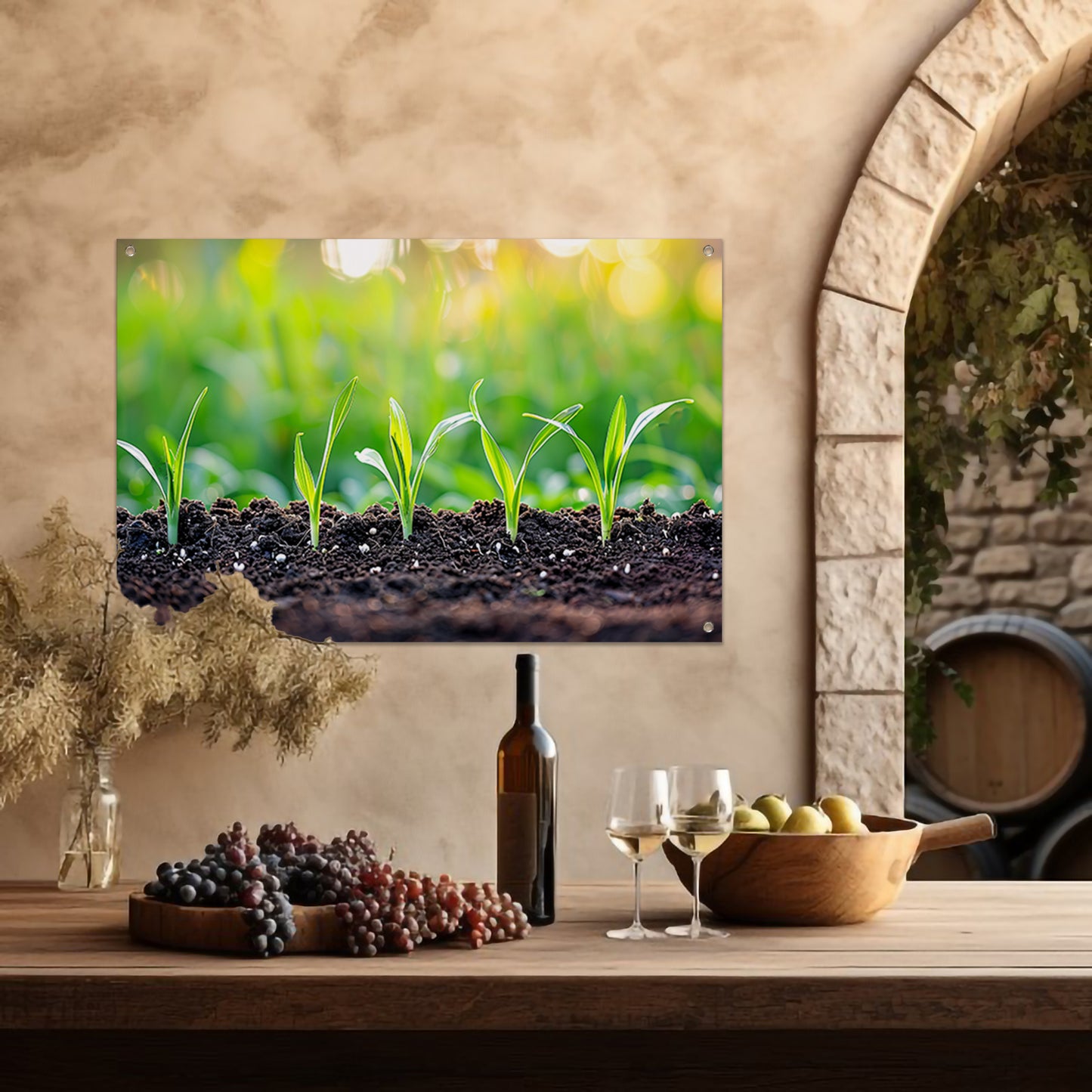 Ontkiemende spruiten in voedzame aarde tuinposter