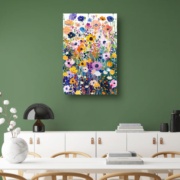 Kleurvol schilderij van bloemenveld in bloei poster