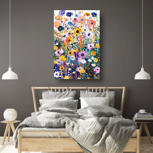 Kleurvol schilderij van bloemenveld in bloei poster