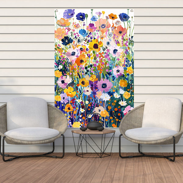Kleurvol schilderij van bloemenveld in bloei tuinposter