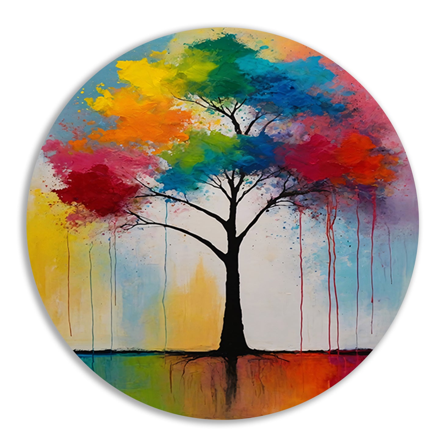 Abstracte Boom met Kleurrijke Uitspattingen aluminium muurcirkel
