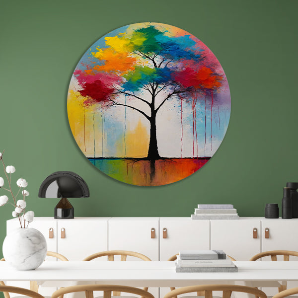 Abstracte Boom met Kleurrijke Uitspattingen aluminium muurcirkel