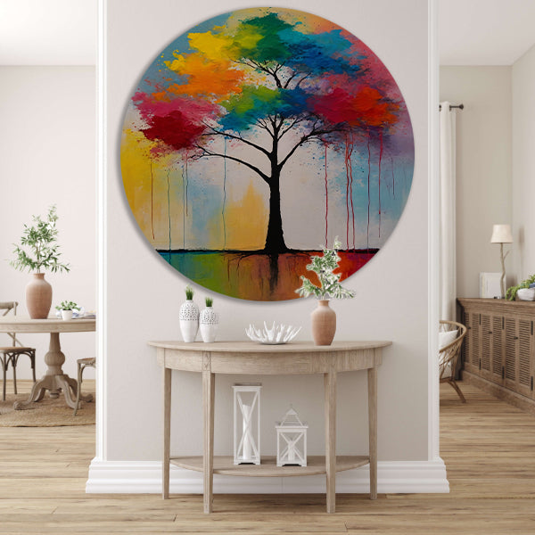 Abstracte Boom met Kleurrijke Uitspattingen aluminium muurcirkel