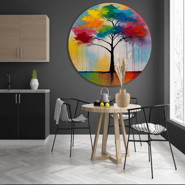 Abstracte Boom met Kleurrijke Uitspattingen aluminium muurcirkel