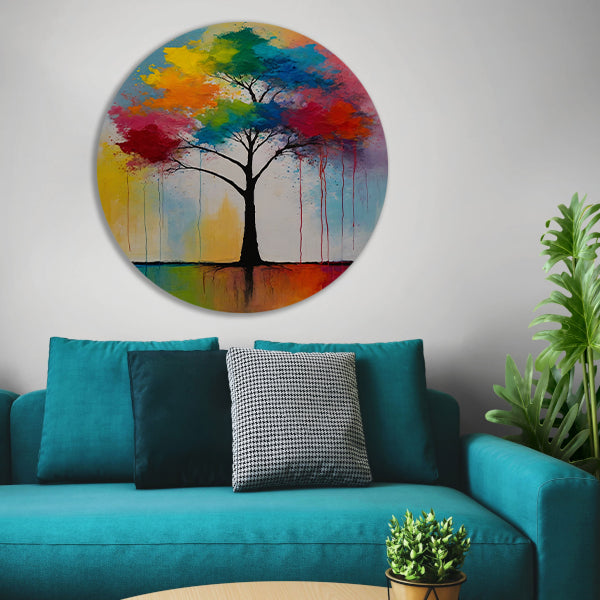 Abstracte Boom met Kleurrijke Uitspattingen aluminium muurcirkel