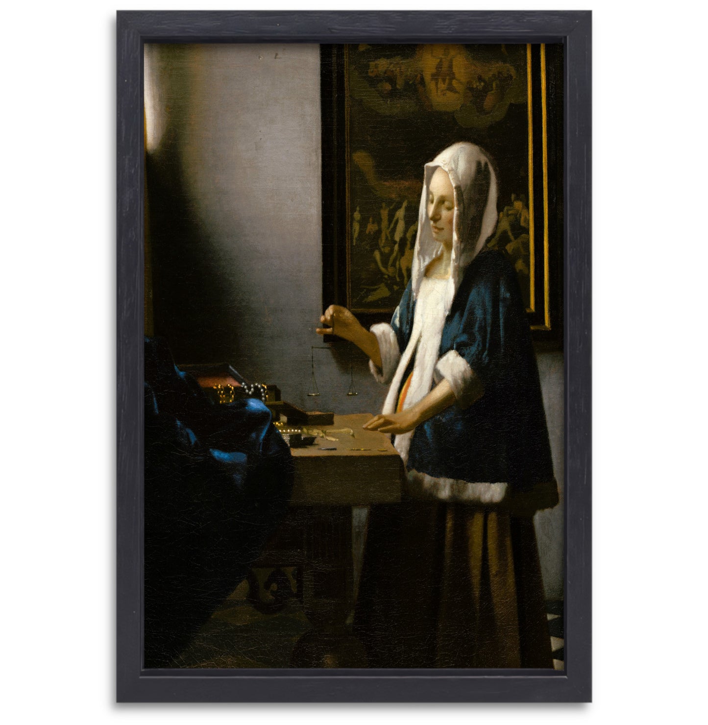 Vrouw met een weegschaal - Johannes Vermeer canvas met baklijst