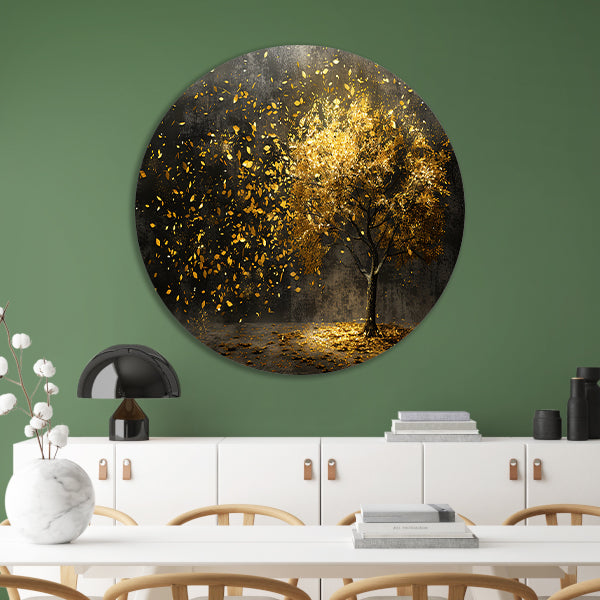 Abstracte boom met gouden bladeren kunst aluminium muurcirkel