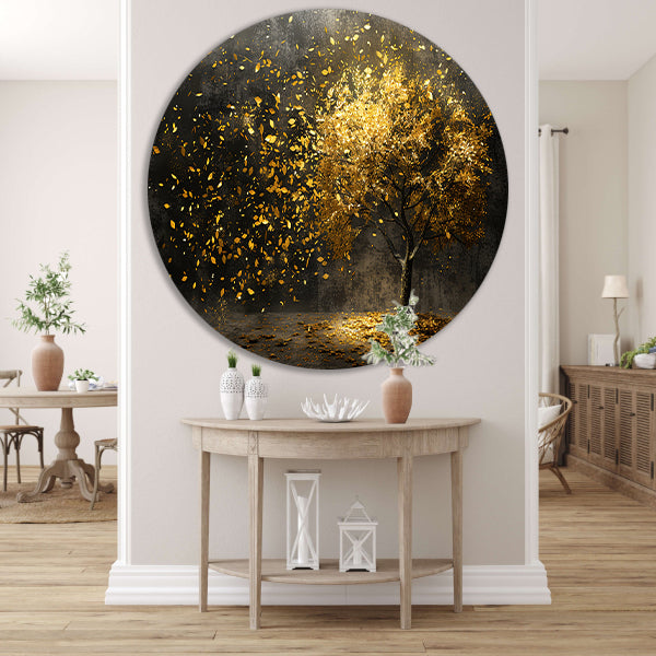 Abstracte boom met gouden bladeren kunst aluminium muurcirkel