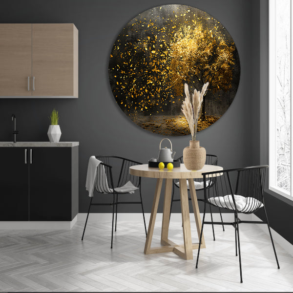 Abstracte boom met gouden bladeren kunst aluminium muurcirkel