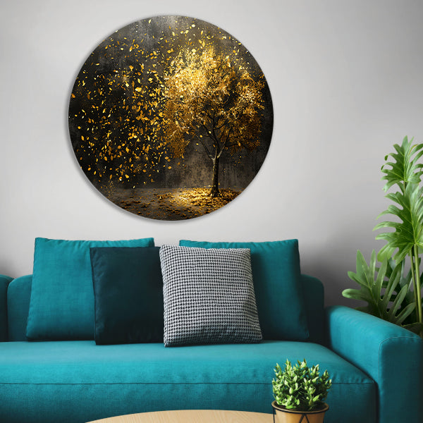 Abstracte boom met gouden bladeren kunst aluminium muurcirkel
