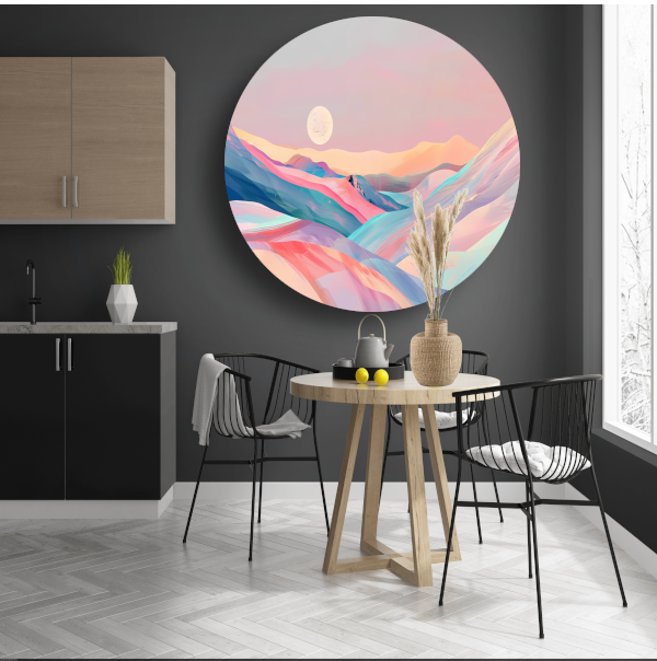 Abstract landschap in pastelkleuren met prominente maan aluminium muurcirkel