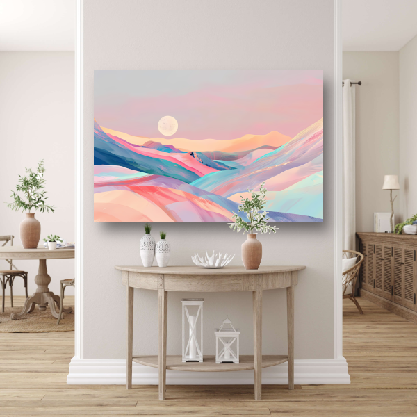 Abstract landschap in pastelkleuren met prominente maan canvas