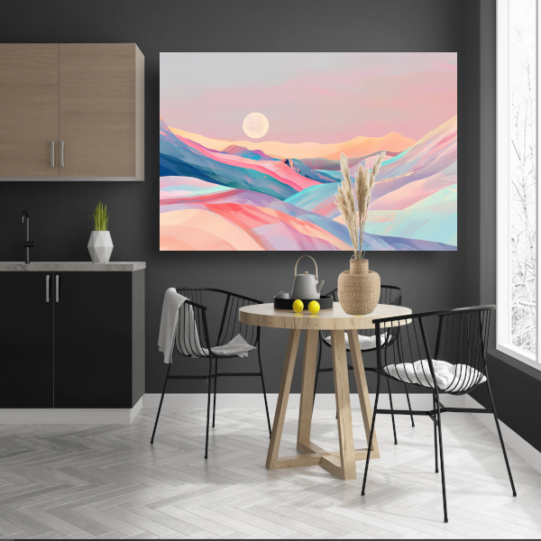 Abstract landschap in pastelkleuren met prominente maan canvas