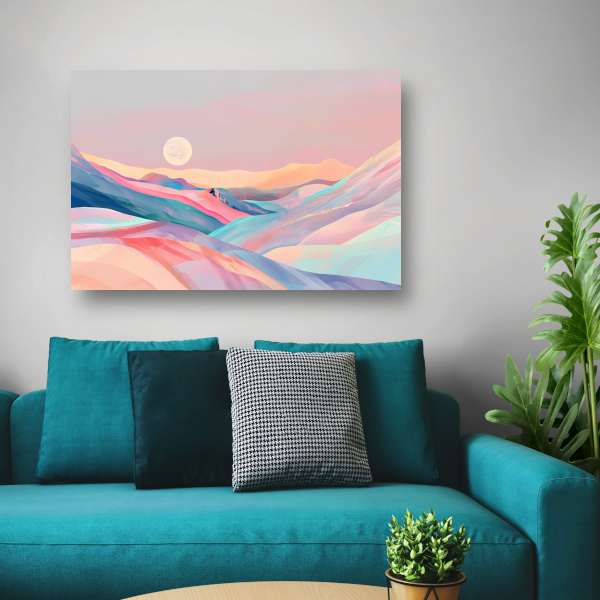 Abstract landschap in pastelkleuren met prominente maan canvas
