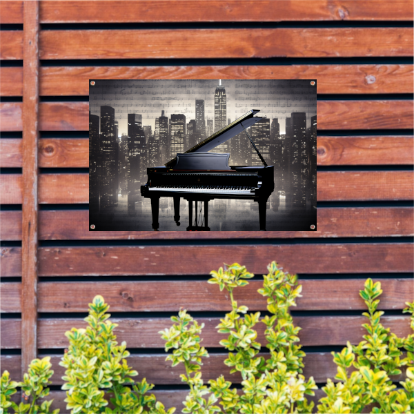 Piano en Stadssilhouet bij Nacht tuinposter