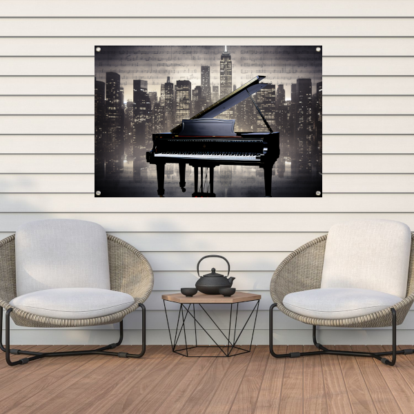Piano en Stadssilhouet bij Nacht tuinposter