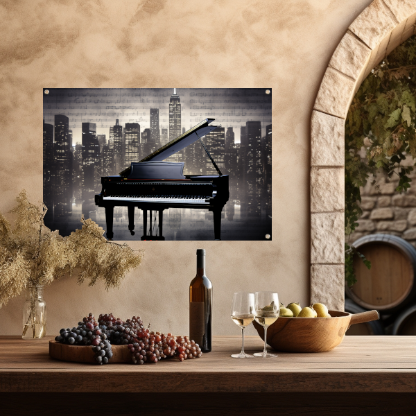 Piano en Stadssilhouet bij Nacht tuinposter