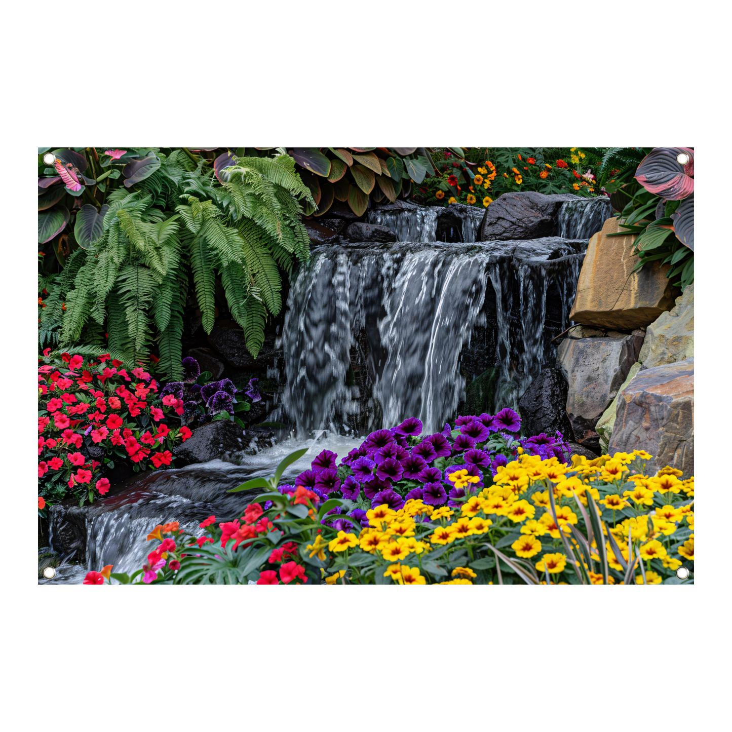 Kleurrijke tuin met bloemen en waterval tuinposter