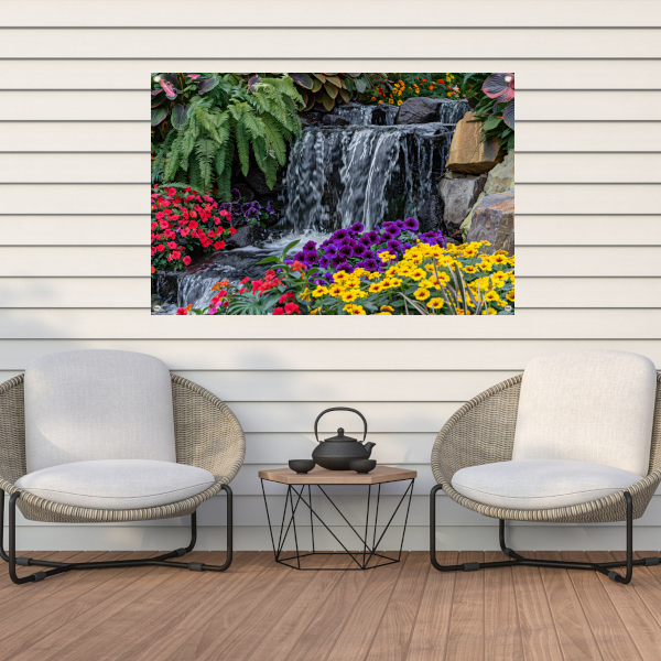 Kleurrijke tuin met bloemen en waterval tuinposter
