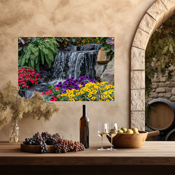 Kleurrijke tuin met bloemen en waterval tuinposter