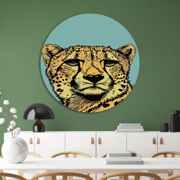 Kleurrijke lijntekening van een cheeta aluminium muurcirkel