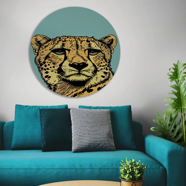 Kleurrijke lijntekening van een cheeta aluminium muurcirkel