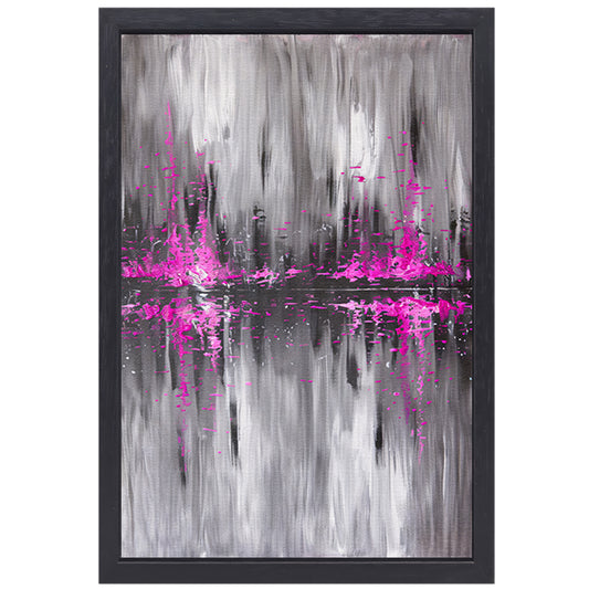 Abstracte skyline in grijs en roze canvas met baklijst