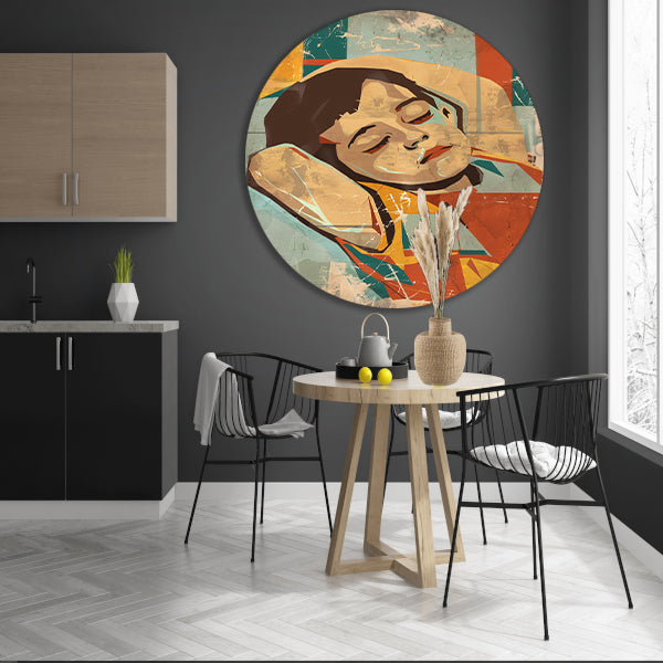 Kleurrijk slapend kind in abstracte stijl aluminium muurcirkel