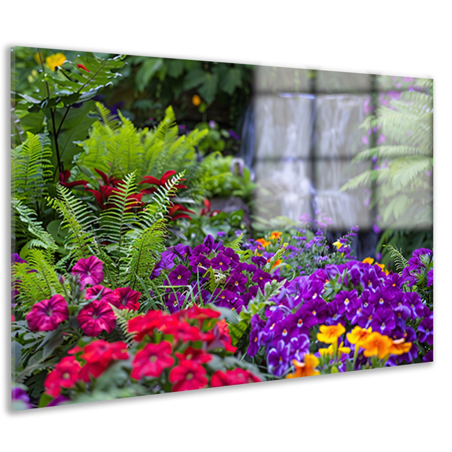 Levendige bloementuin met serene waterval acrylglas