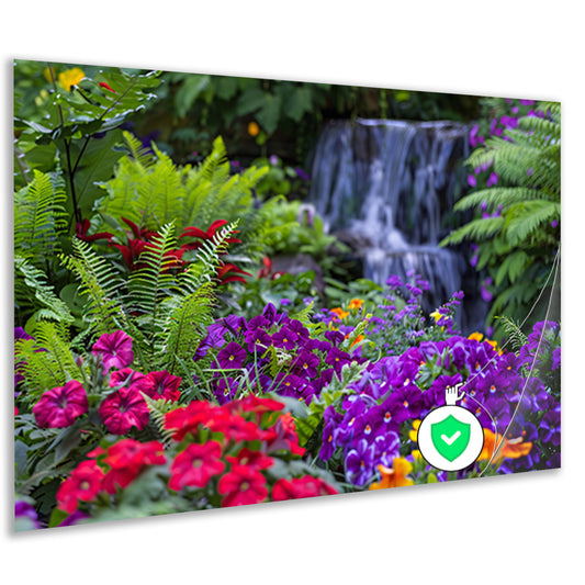 Levendige bloementuin met serene waterval poster