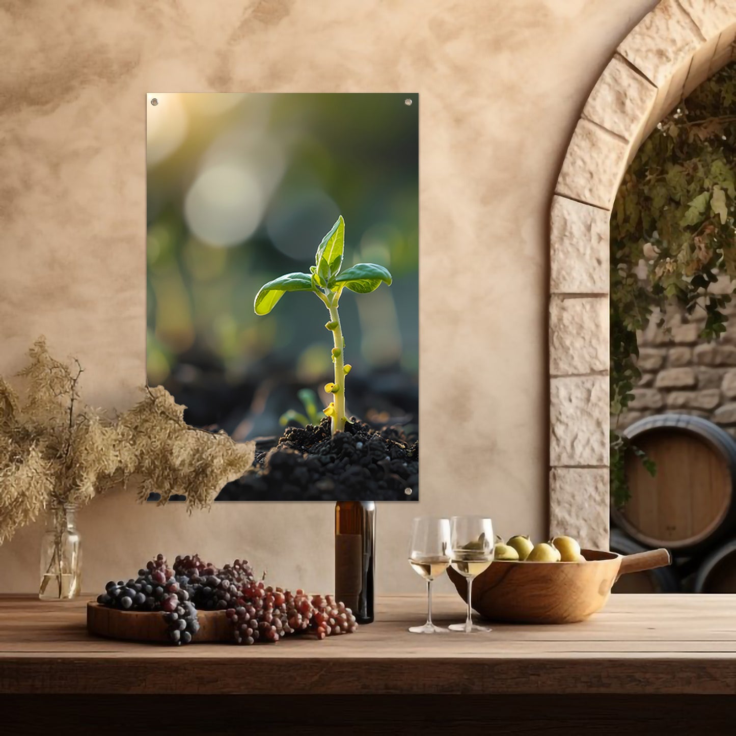 Jonge plant in ochtendzon tuinposter