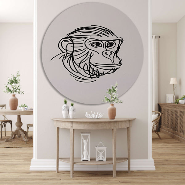 Minimalistische zwart-witte aap tekening aluminium muurcirkel
