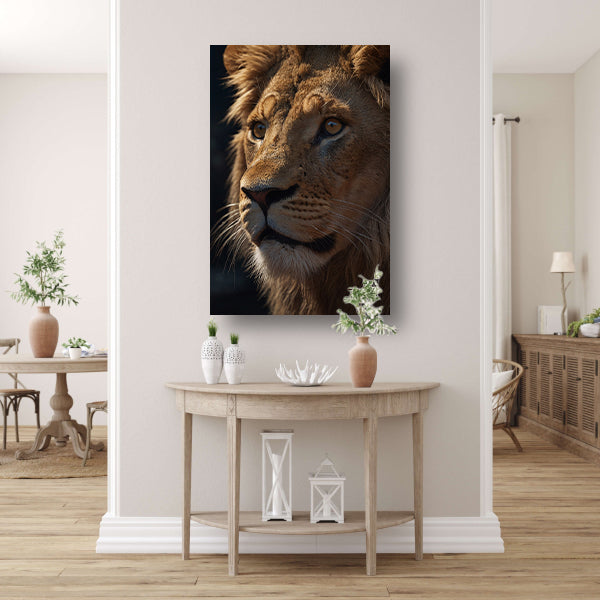 Close-up van leeuw met indringende blik canvas met baklijst