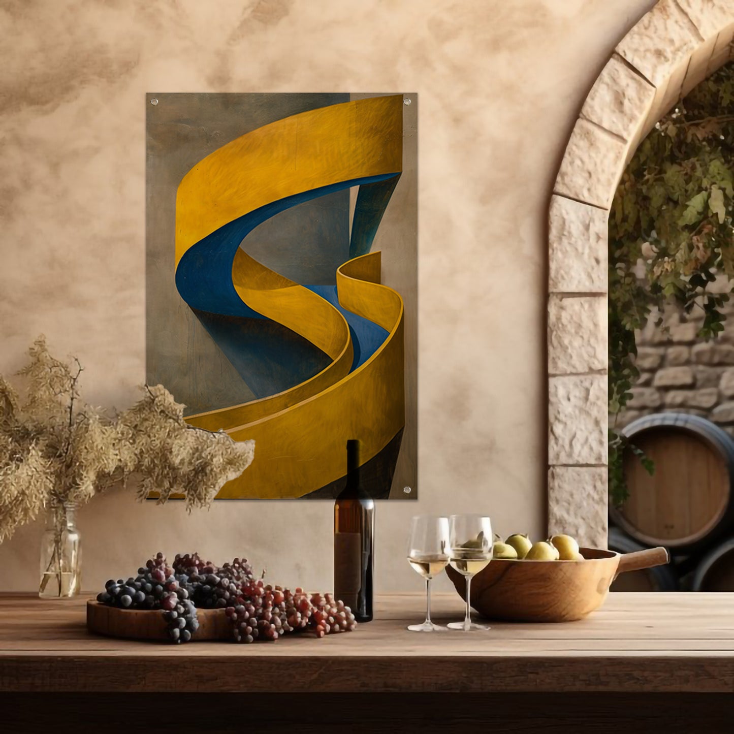 Geel-Blauw Abstract Kunstwerk met Slakvorm tuinposter