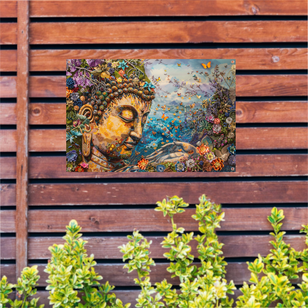 Boeddha in bloei met vlinders en natuur tuinposter