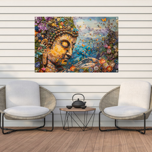 Boeddha in bloei met vlinders en natuur tuinposter