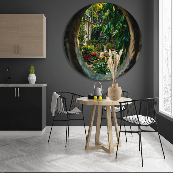 Geheime tuin met kleurrijke bloemen aluminium muurcirkel