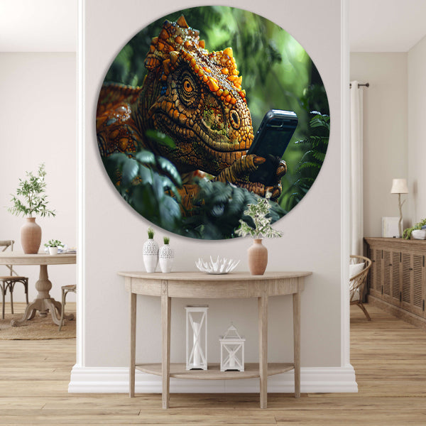 Dinosaurus met smartphone in het bos aluminium muurcirkel
