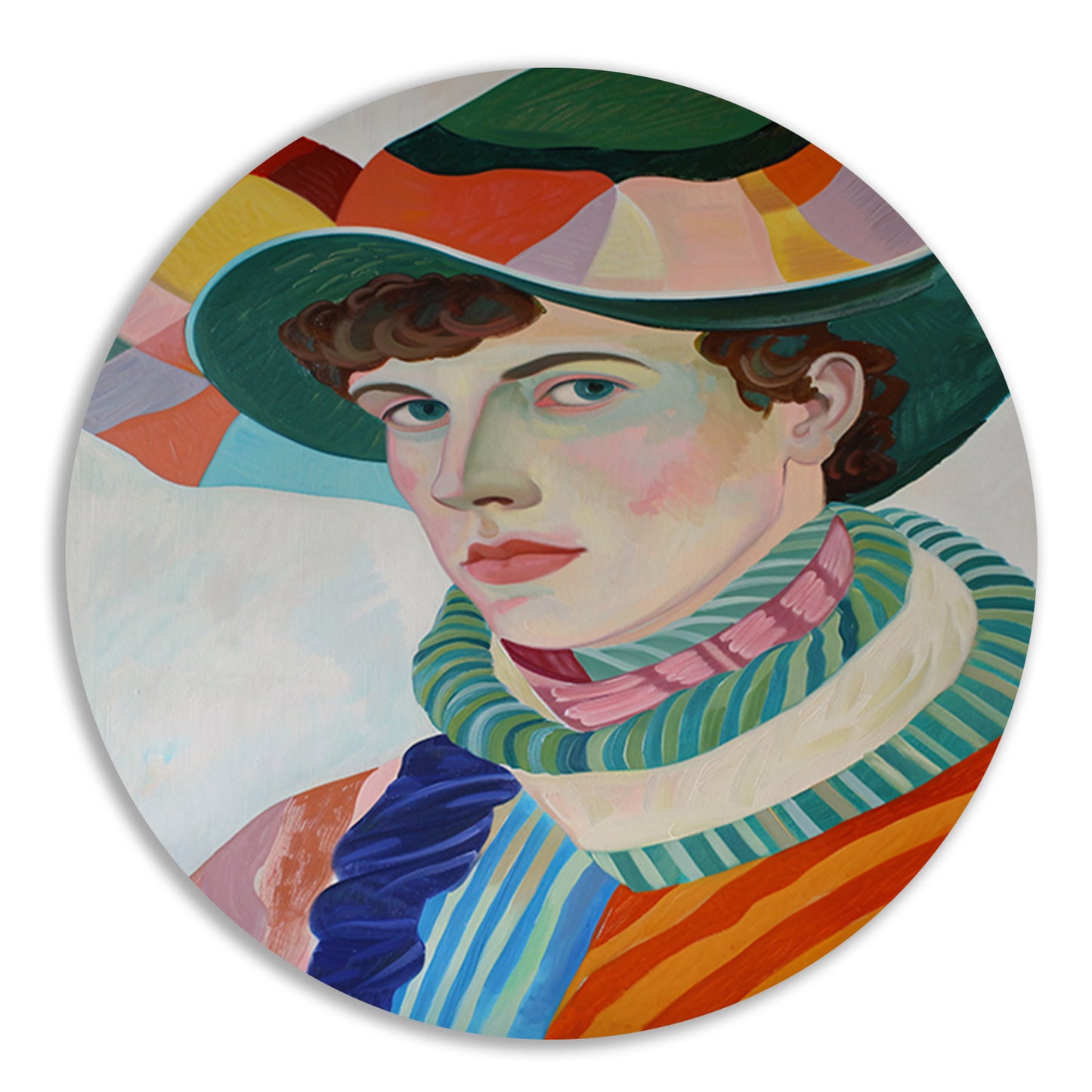 Surrealistisch portret met kleurrijke accessoires aluminium muurcirkel