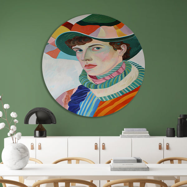 Surrealistisch portret met kleurrijke accessoires aluminium muurcirkel