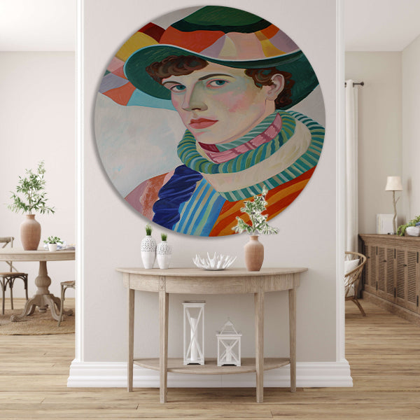 Surrealistisch portret met kleurrijke accessoires aluminium muurcirkel