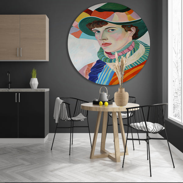 Surrealistisch portret met kleurrijke accessoires aluminium muurcirkel