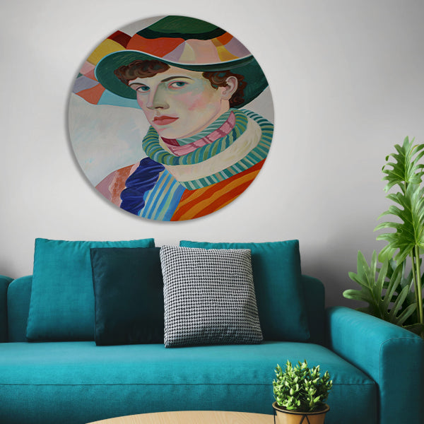 Surrealistisch portret met kleurrijke accessoires aluminium muurcirkel