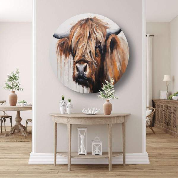 Intens blik Schotse Hoogland koe aluminium muurcirkel