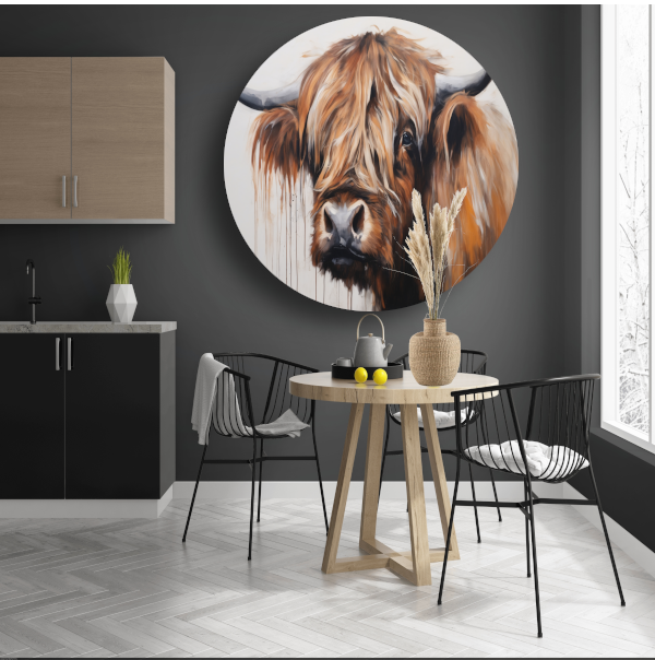 Intens blik Schotse Hoogland koe aluminium muurcirkel