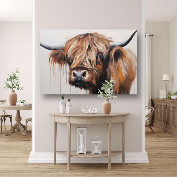 Intens blik Schotse Hoogland koe canvas met baklijst